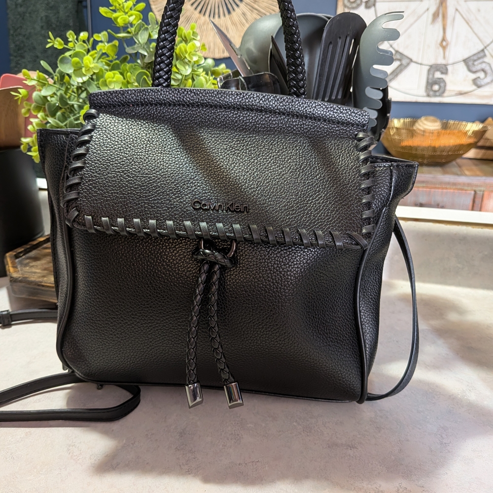 Calvin Klein Black Pebbled Leather Drawstring Satchel with Braided Handles